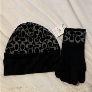 Coach Black and Gray Logo Beanie Hat and Gloves